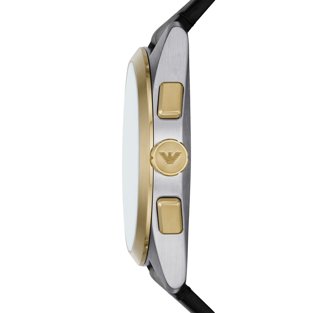 Emporio Armani Claudio watch side view displaying case profile and gold chronograph pushers