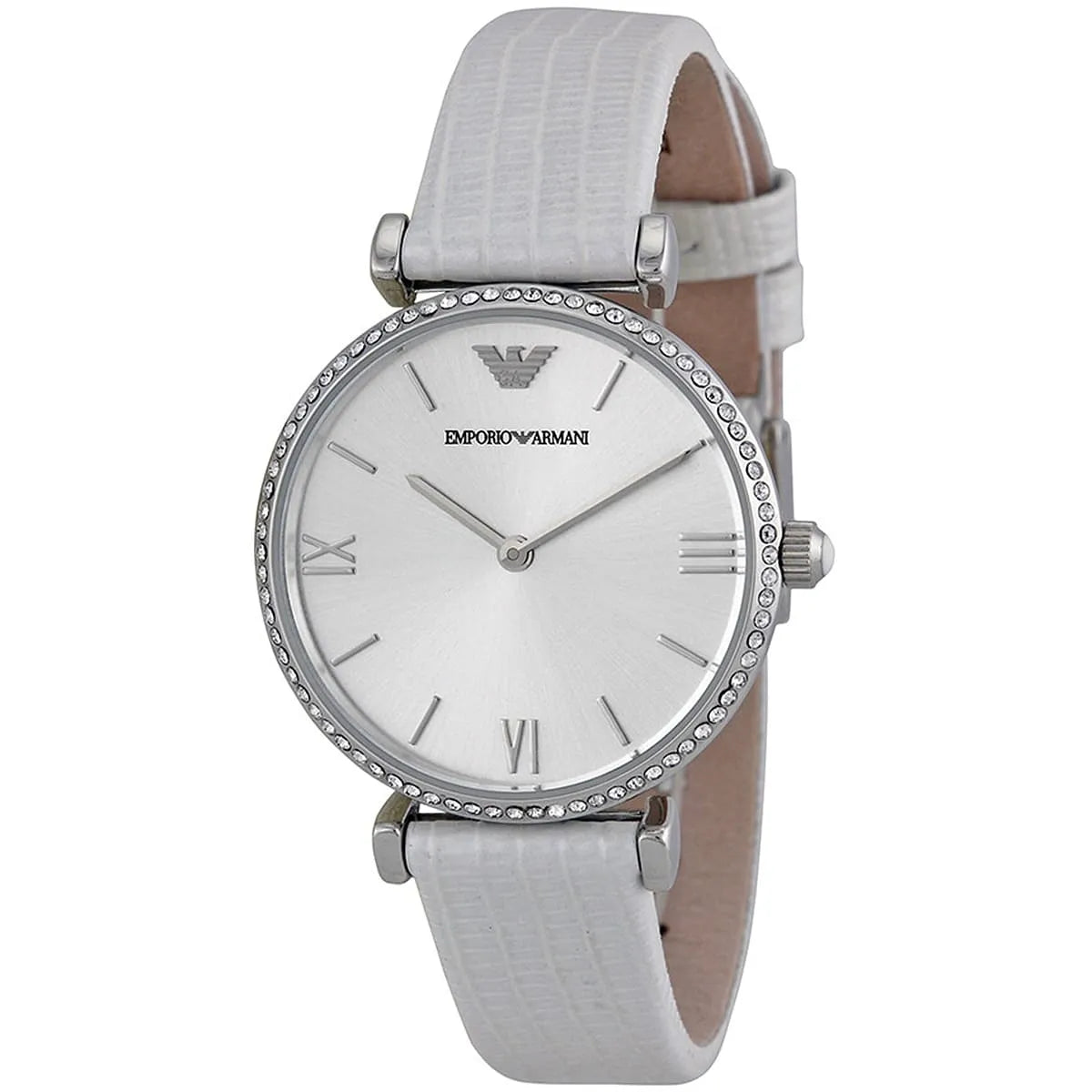 Emporio Armani Gianni T-Bar AR1680 angled view showing Roman numeral dial and white leather T-bar strap