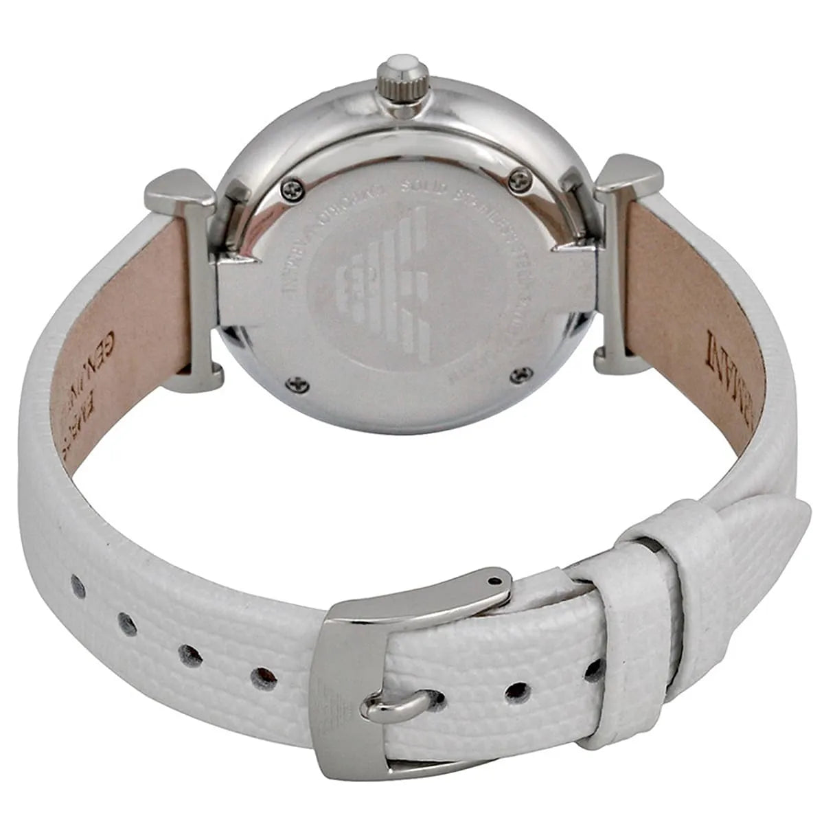 Emporio Armani Gianni T-Bar AR1680 caseback with silver-tone metal and Emporio Armani eagle engraving