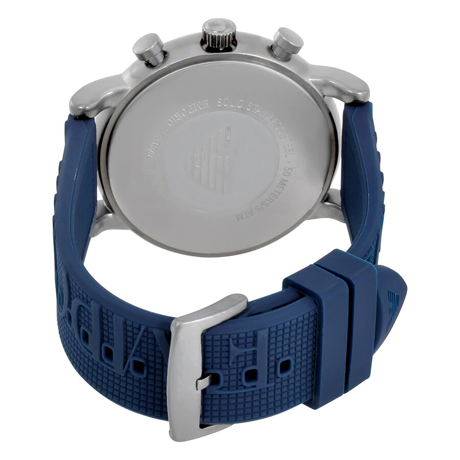 Back view of Emporio Armani Luigi watch showing stainless steel case with engraved eagle logo