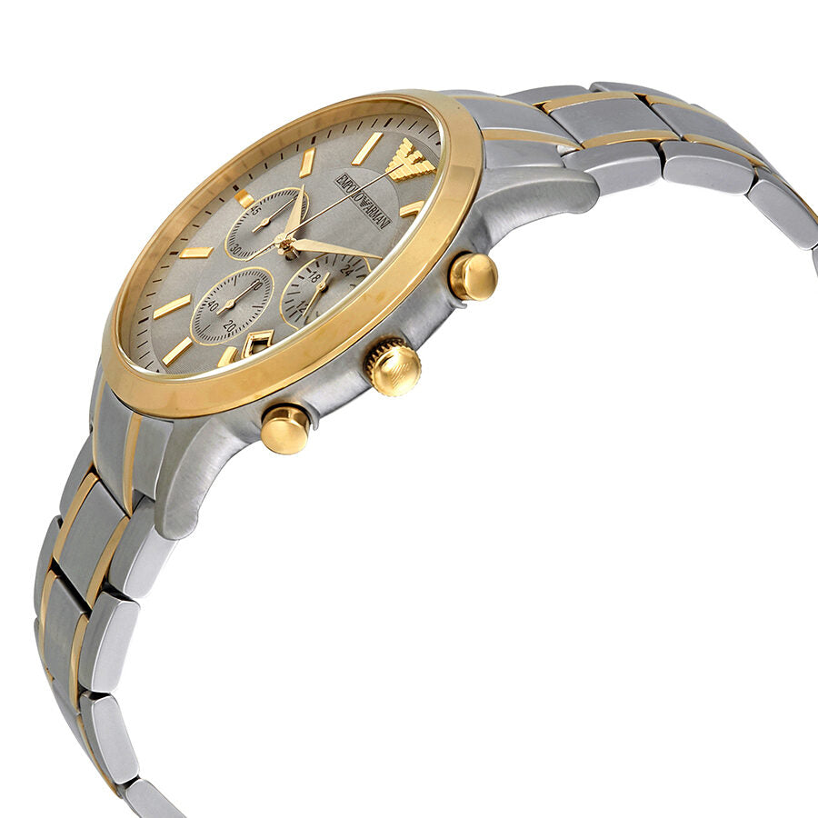 Angled side view of Renato Chronograph showing gold case bezel and two-tone bracelet