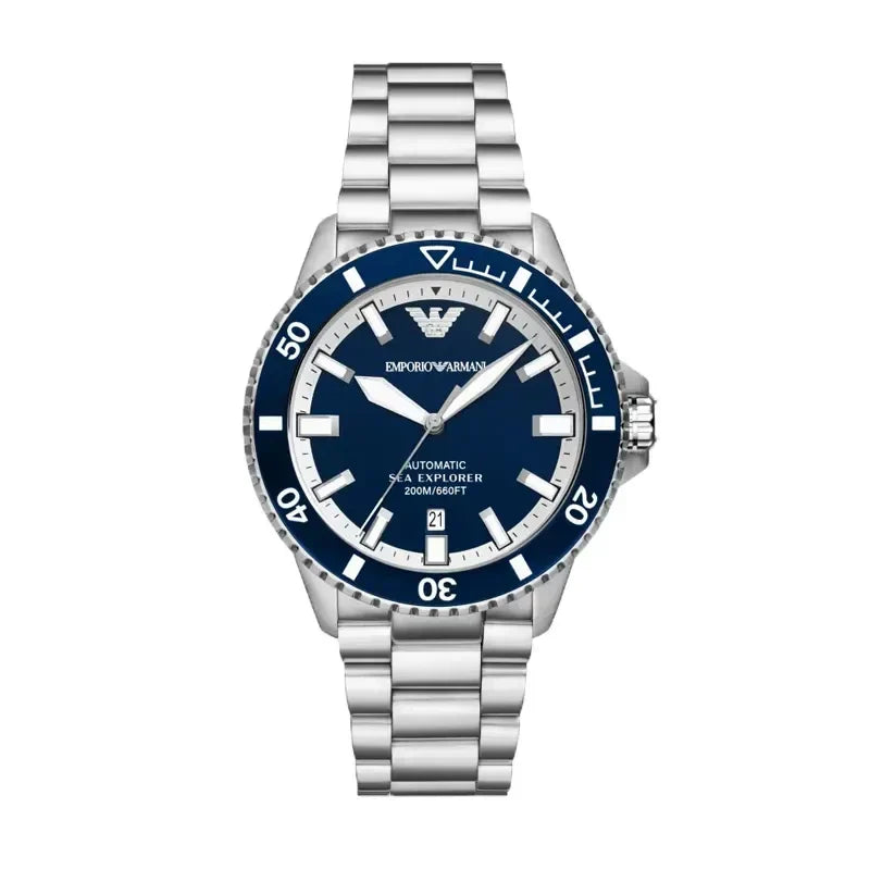Emporio Armani Sea Explorer automatic watch with blue dial and stainless steel bracelet