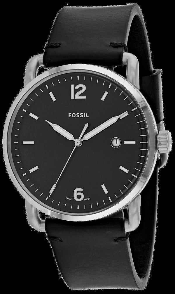 Fossil Commuter Reloj de hombre de cuero negro con fecha de tres manecillas FS5406