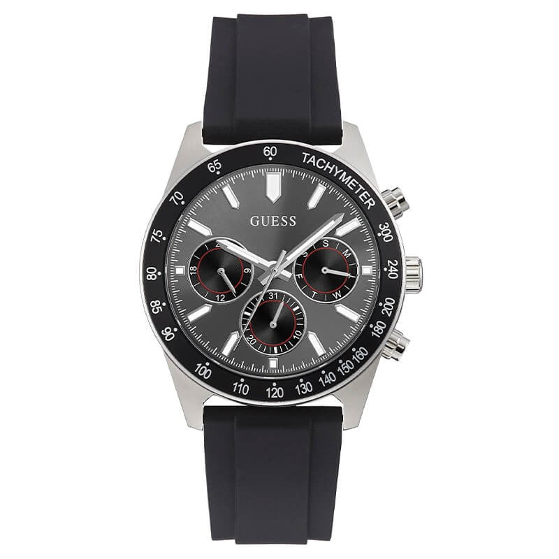 Reloj Guess para hombre con correa de silicona negra en tono plateado GW0332G1