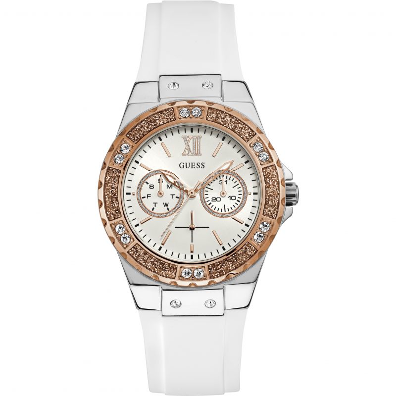 Guess Limelight Crystal White Dial Blanco Silicona Ladies Watch W1053L2