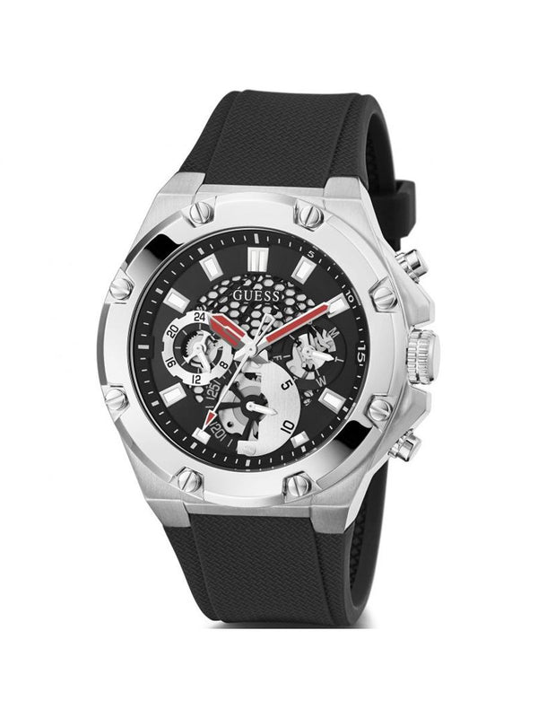 Guess Caja plateada Reloj para hombre con correa de silicona negra GW0334G1