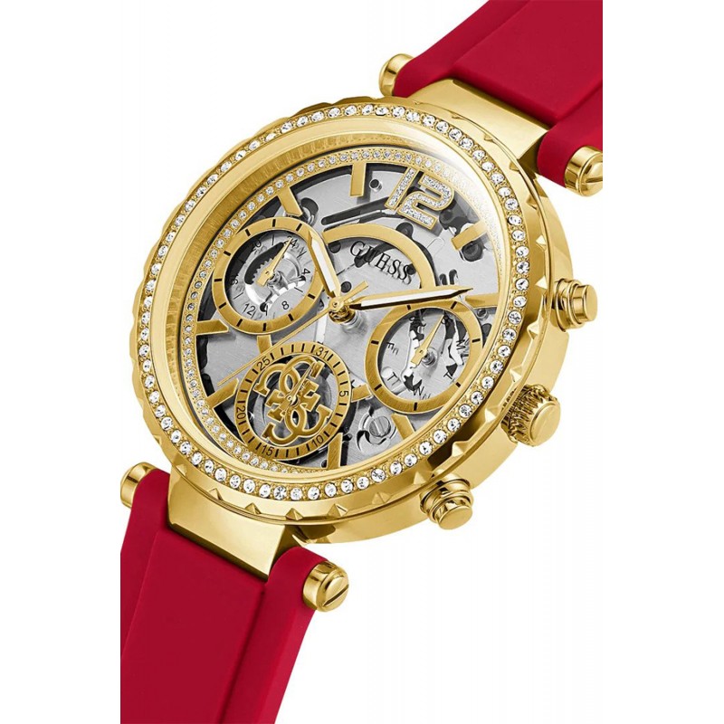 Reloj Guess para mujer con correa de caucho rojo y caja dorada GW0484L1