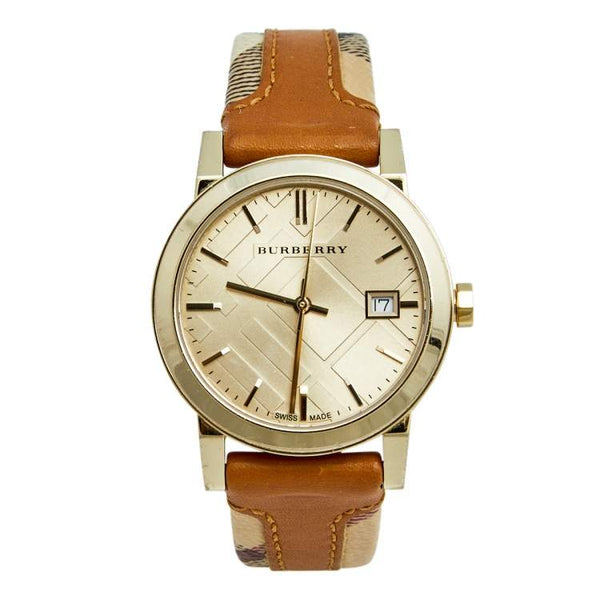 Burberry The City Champagne Dial Tan cuero y tejido Trim Ladies Watch BU9133