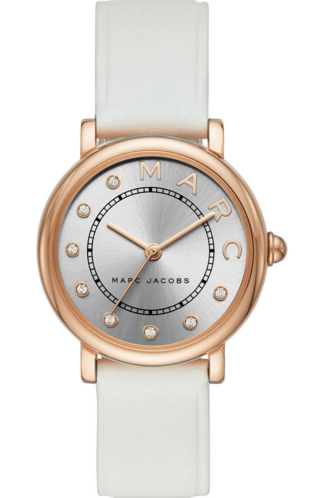 Marc Jacobs Vic silver dial rose gold women's watch with white leather strap