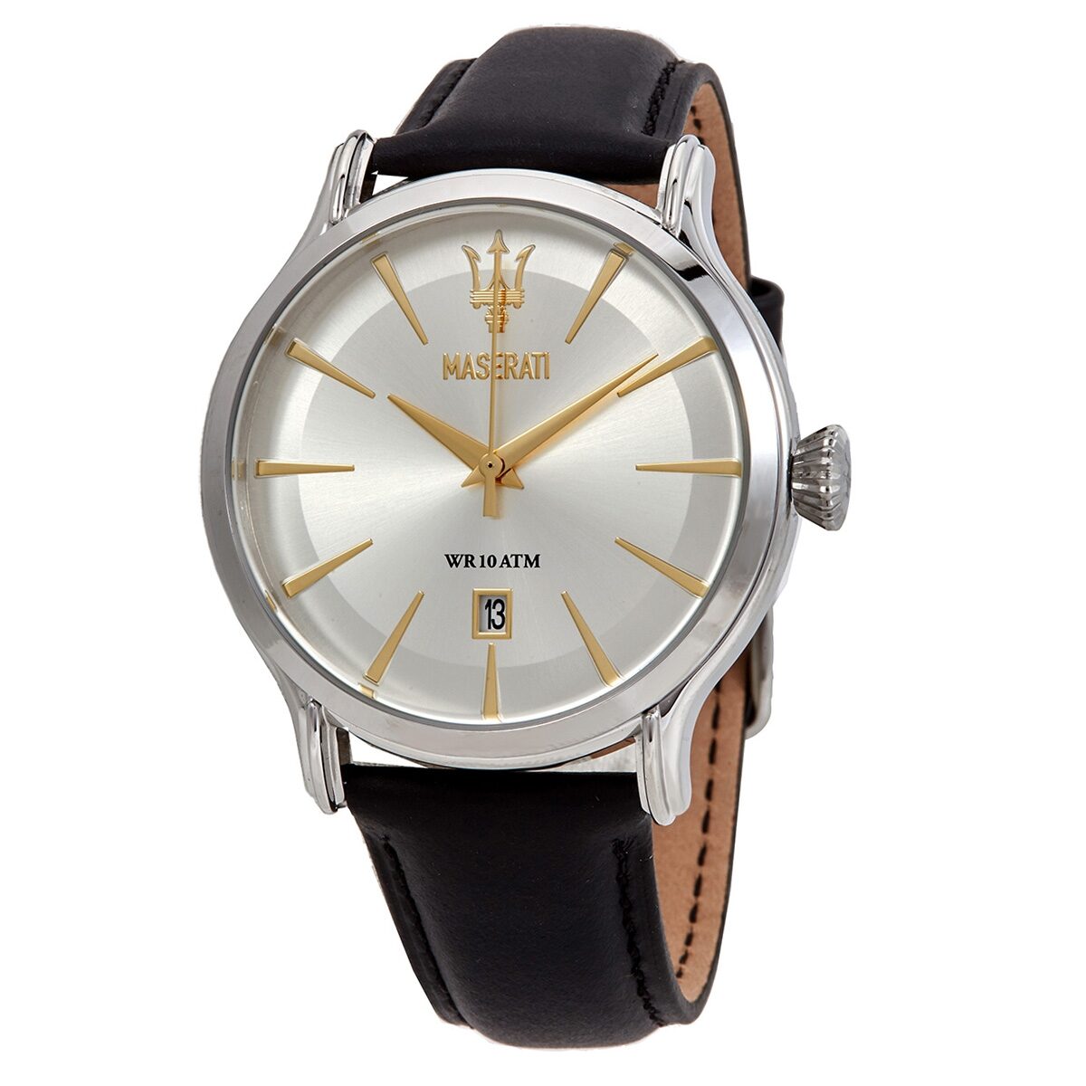 Maserati Epoca white dial men's watch with gold-tone hands and black leather strap