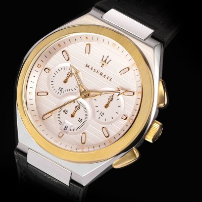 Maserati Triconic watch dial detail showing chronograph subdials and gold-tone hands
