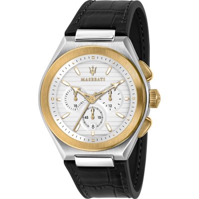 Maserati Triconic watch with two-tone steel and gold case, white chronograph dial, and black leather strap