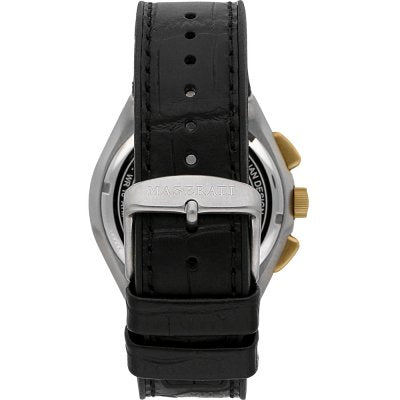 Maserati Triconic watch caseback view with black leather strap and steel case back