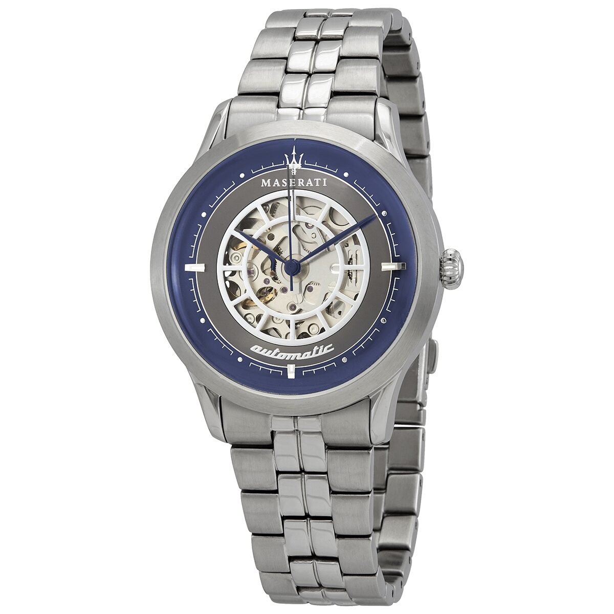 Maserati Ricordo automatic watch with grey skeleton dial, steel case, blue bezel, and metal bracelet