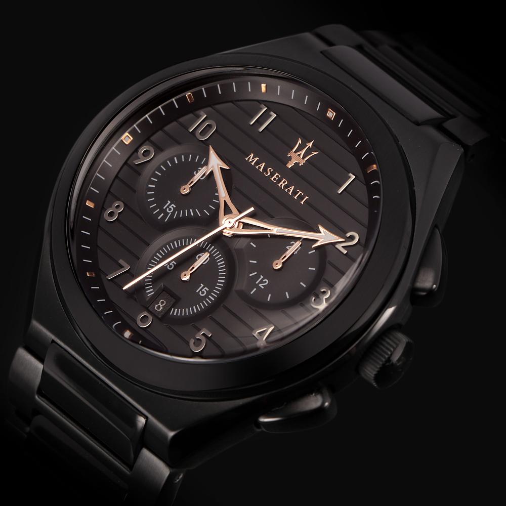 Maserati Triconic dial detail with rose gold accents and chronograph subdials