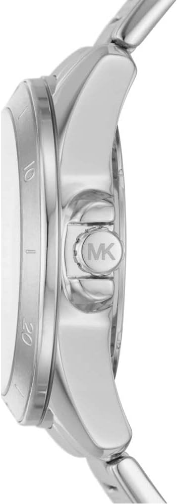 Side profile view of Michael Kors Alek watch showing silver-tone case and bracelet