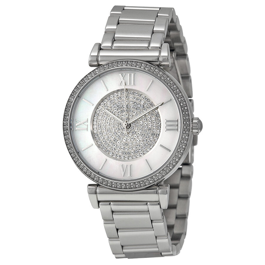 Michael Kors Caitlin MK3355 - Reloj para mujer con esfera plateada y cristal pavimentado
