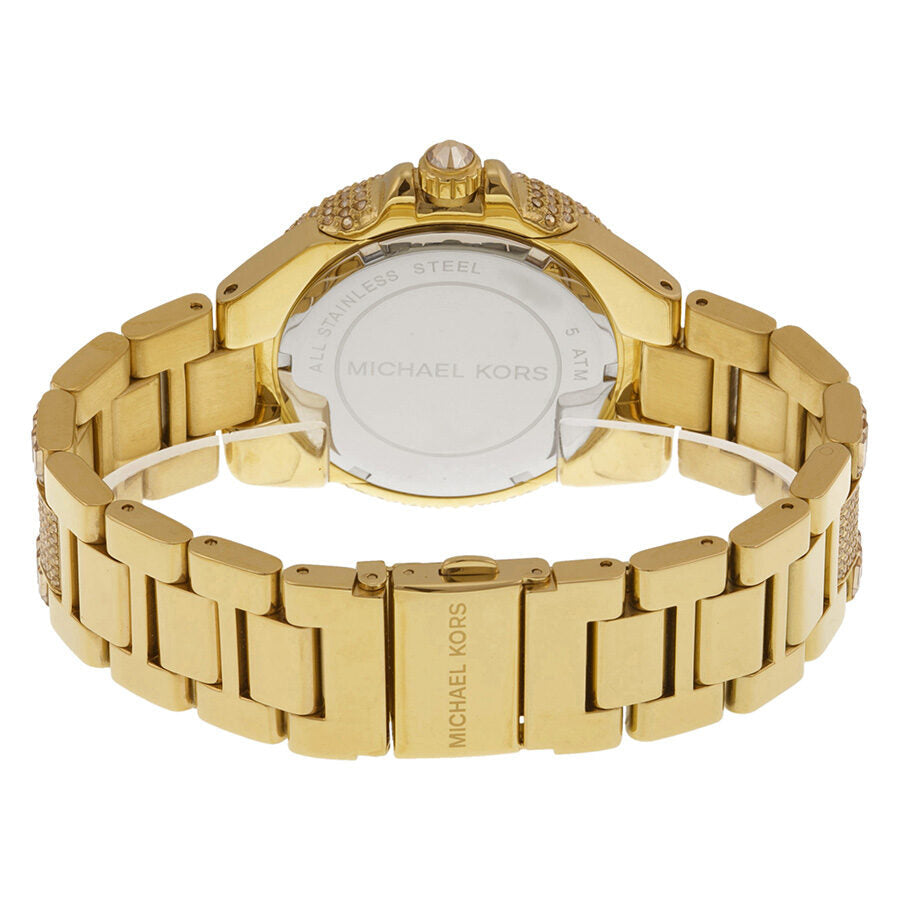 Back view of Michael Kors Camille gold watch showing caseback and bracelet links
