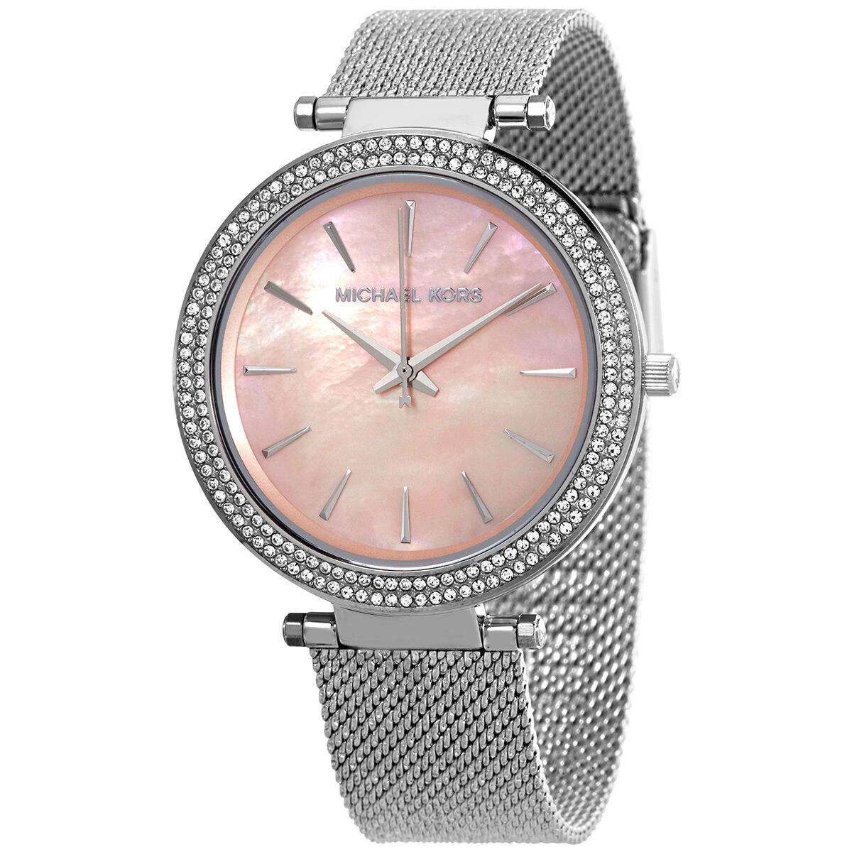 Michael Kors Darci women's watch with pink mother-of-pearl dial and crystal-set bezel on silver mesh strap