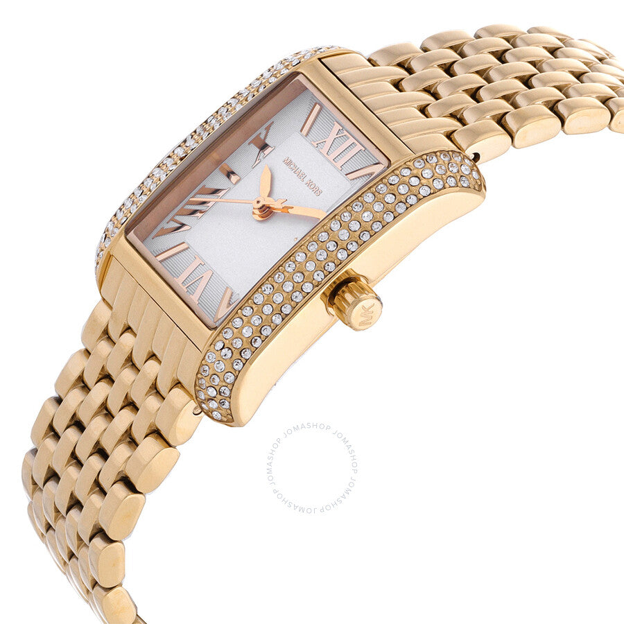 Michael Kors Emery watch side view showing crystal-adorned bezel and gold bracelet