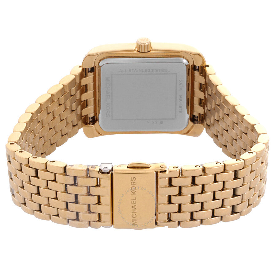Michael Kors Emery watch caseback with steel bracelet and closure detail