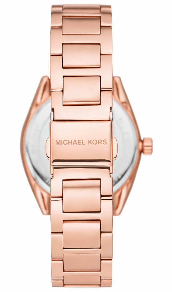 Michael Kors Janelle MK7091 caseback showing rose-gold bracelet and Michael Kors branding