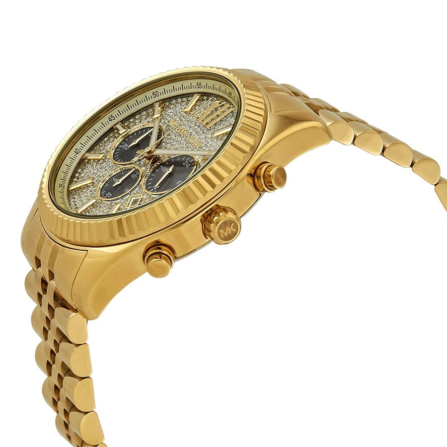 Michael Kors Lexington gold chronograph watch angled side view showing case and bracelet