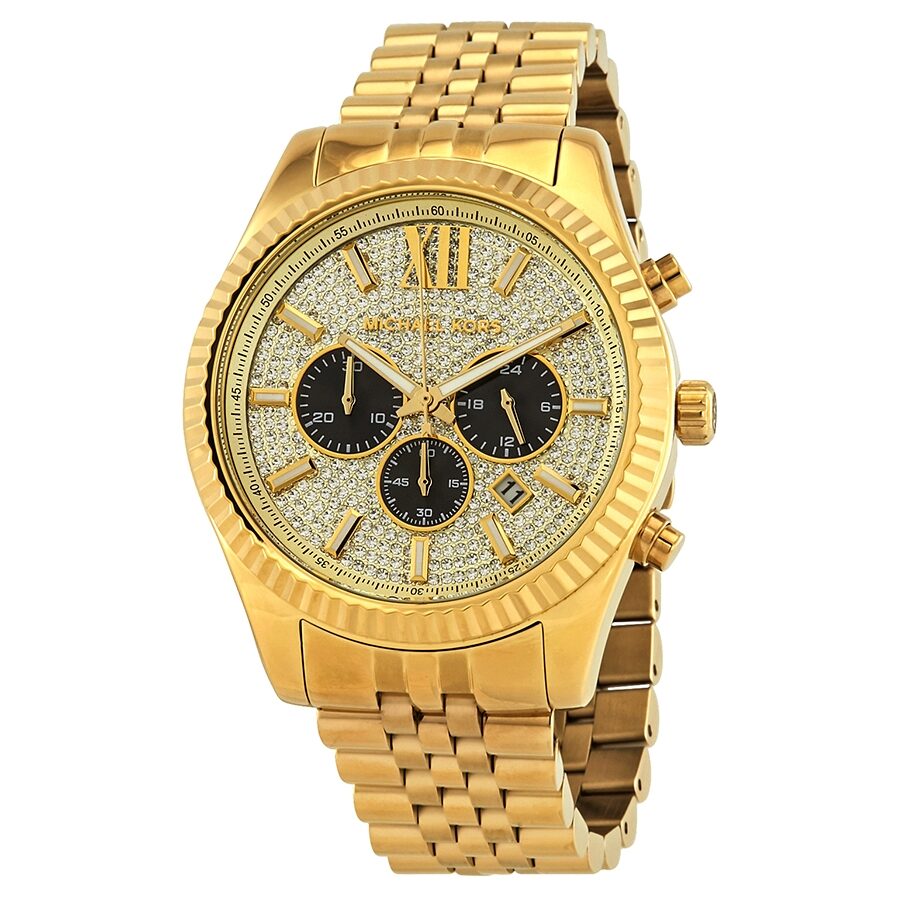 Michael Kors Lexington 44MM gold chronograph watch with crystal dial and black subdials