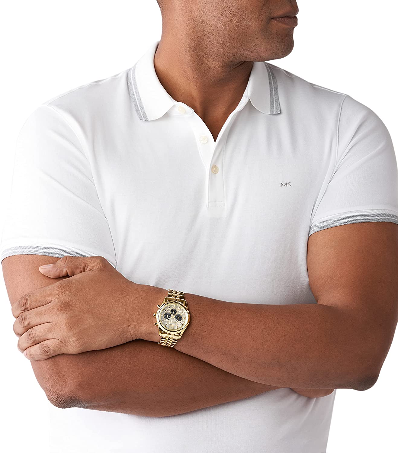 Michael Kors Lexington gold chronograph watch worn on wrist