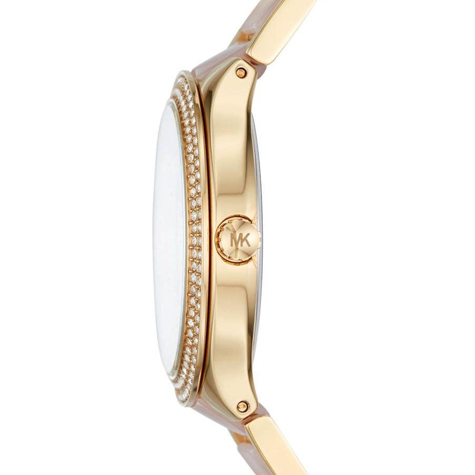 Michael Kors Kerry MK3508 side view showing gold-tone case, pink acetate strap, and crystal bezel
