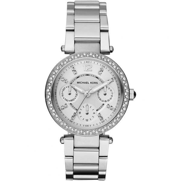 Michael Kors Parker MK5615 silver multi-function watch with crystal bezel and white dial