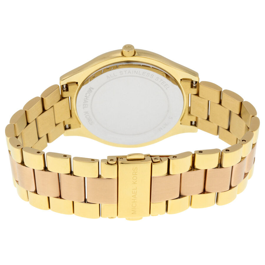 Michael Kors Slim Runway watch caseback showing two-tone gold and rose gold bracelet and clasp