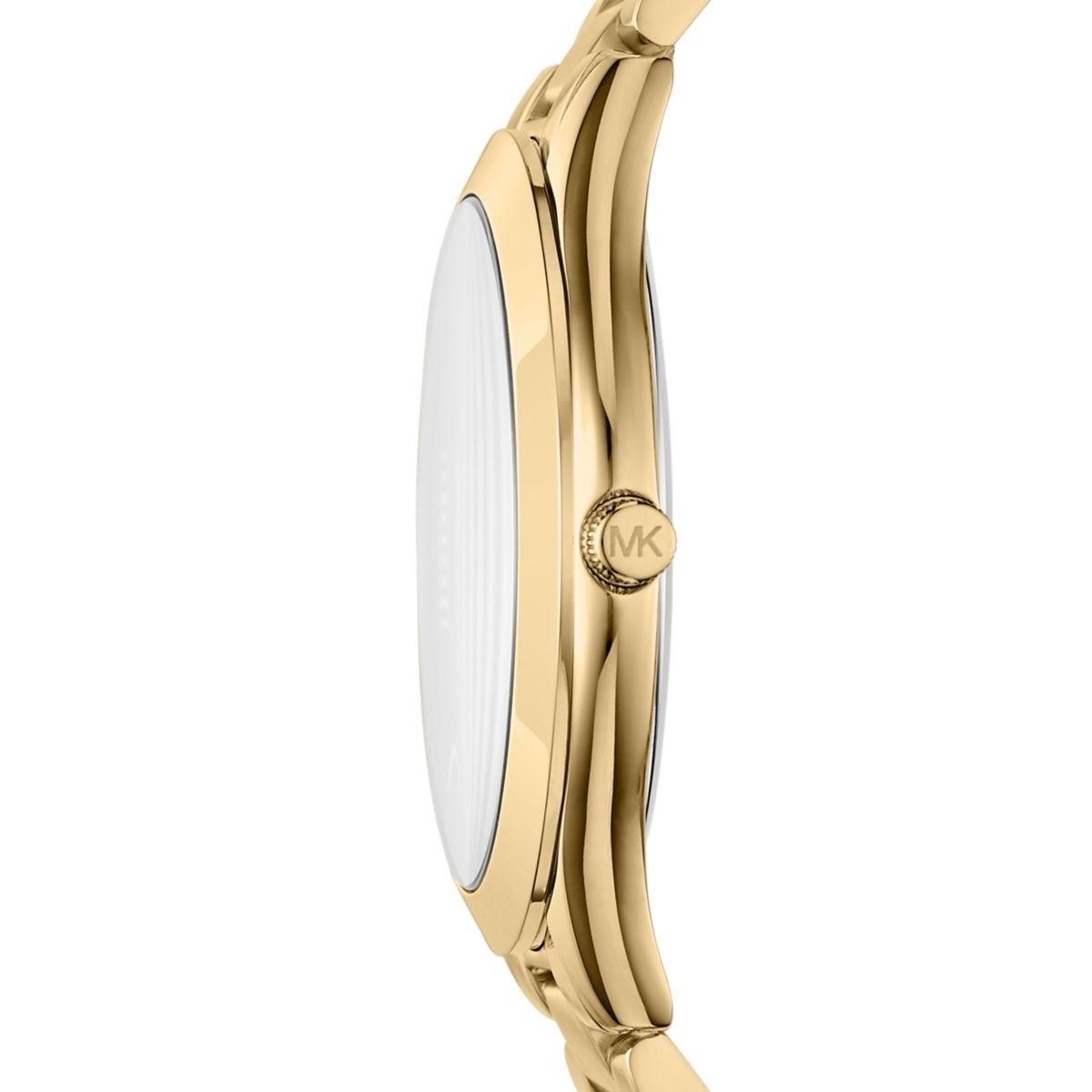 Side profile showing slim gold-tone case with curved lugs and bracelet