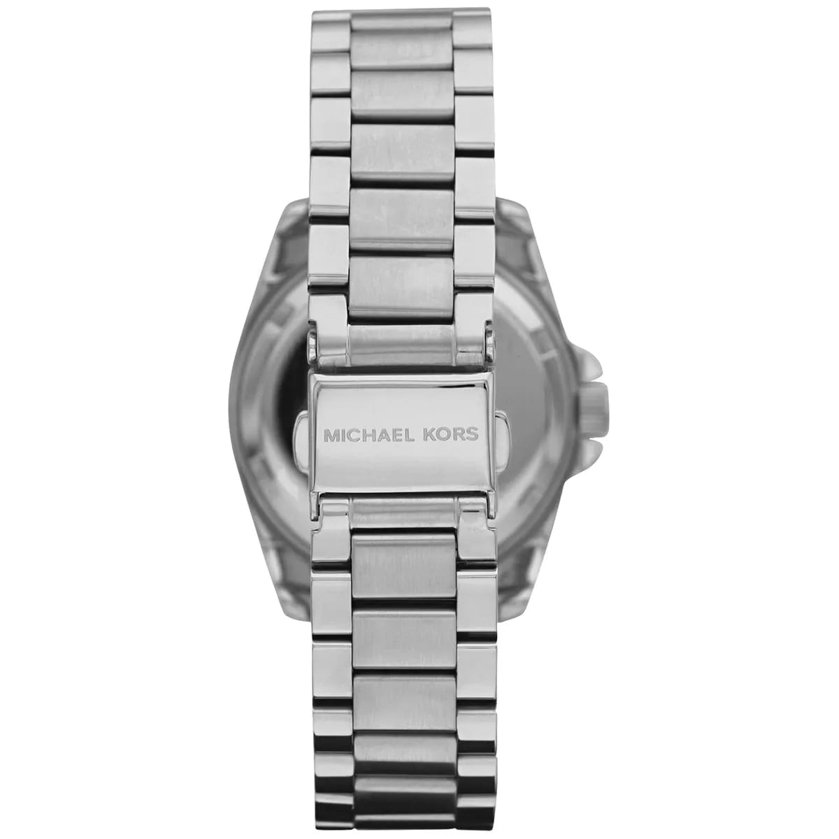 Michael Kors Blair watch caseback showing stainless steel bracelet and case closure