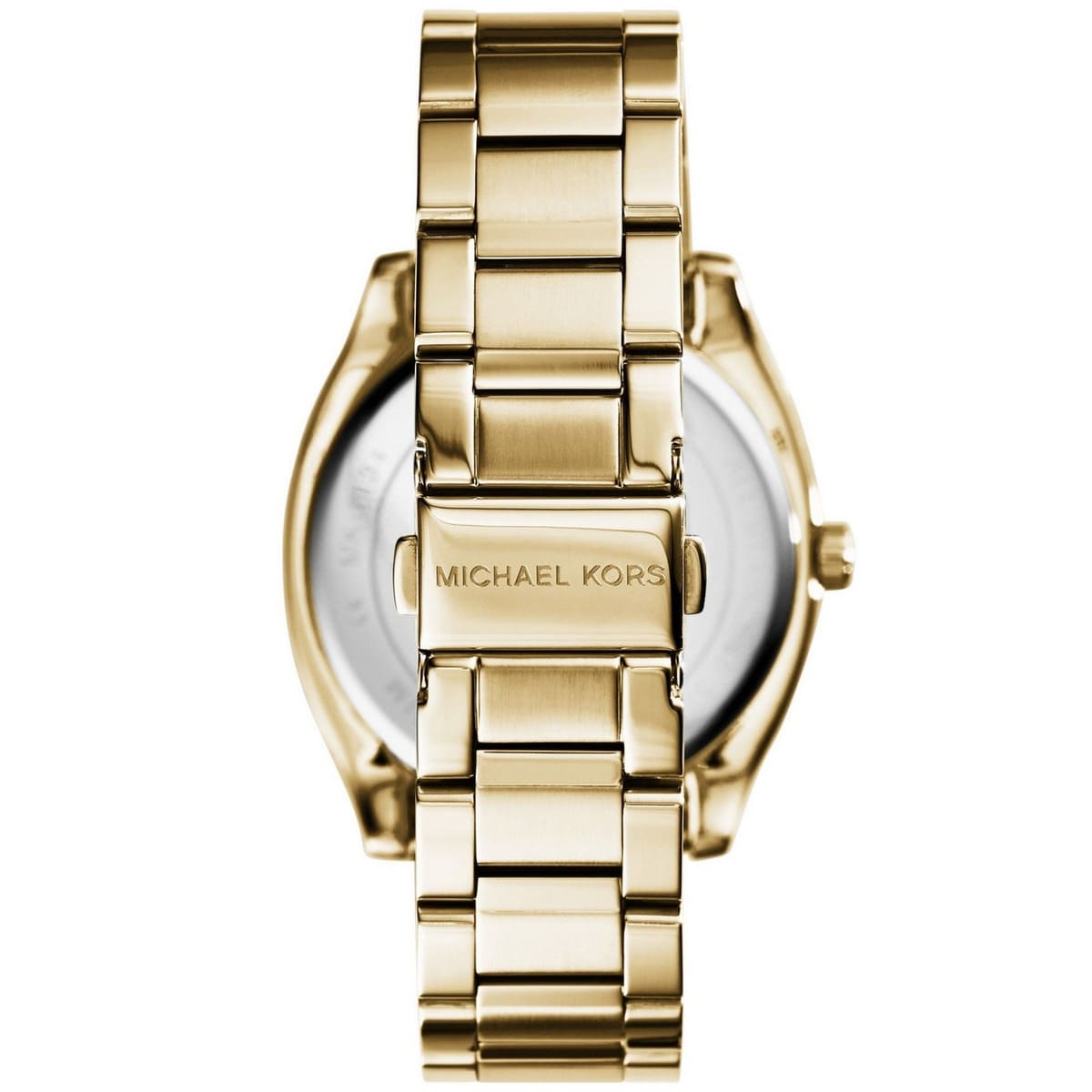 Michael Kors Bryn gold watch caseback showing metal bracelet clasp
