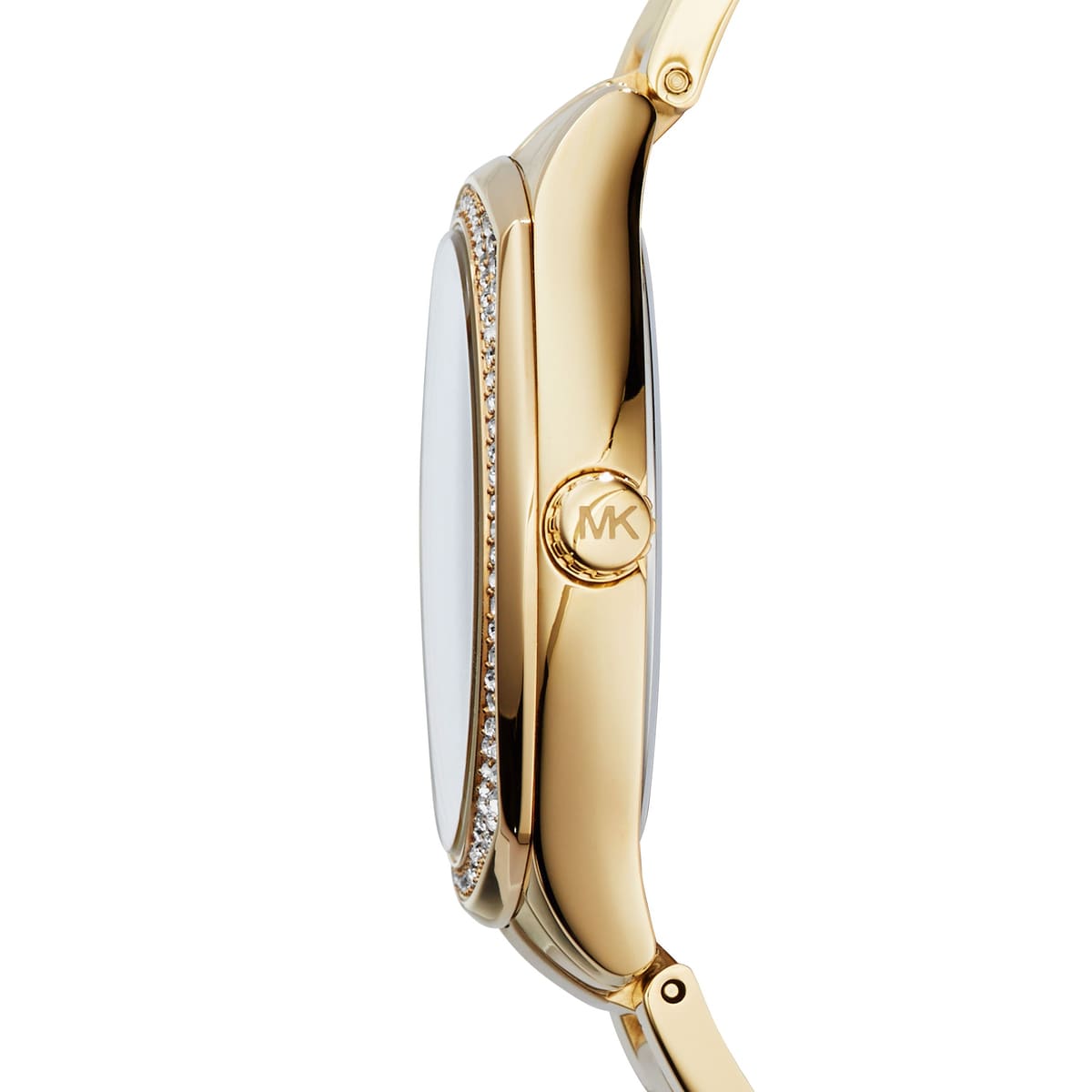 Michael Kors Bryn gold watch side profile with crystal bezel visible