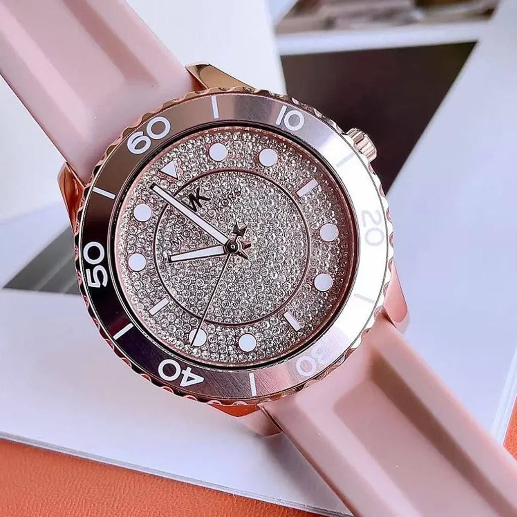 Michael Kors Runway Reloj de cuarzo con esfera de cristal rosa para mujer MK6854
