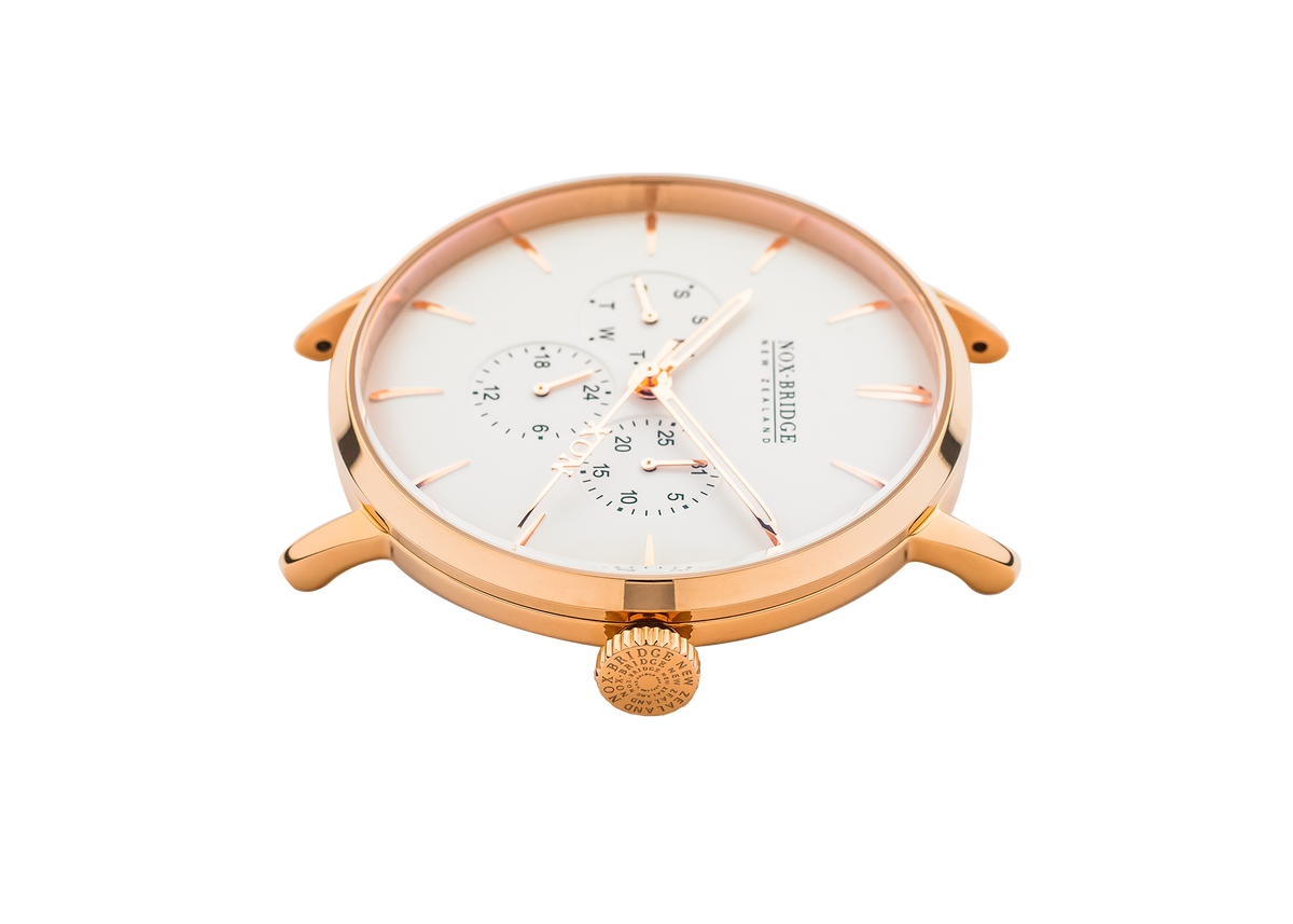 Angled view of Noxbridge Classic Meissa rose gold case and cream dial