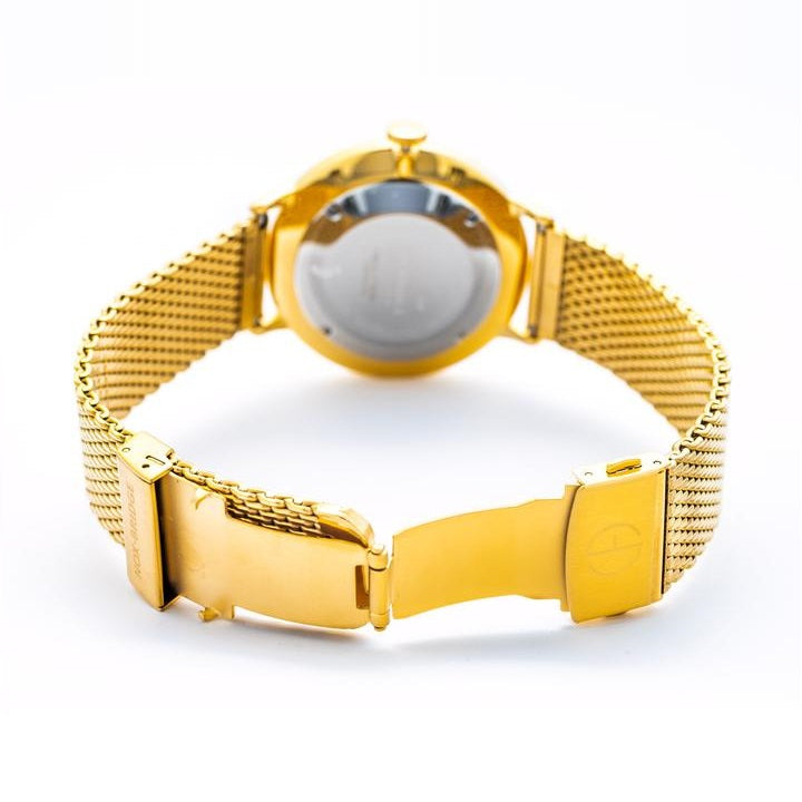 All-gold mesh strap with deployable clasp and visible caseback
