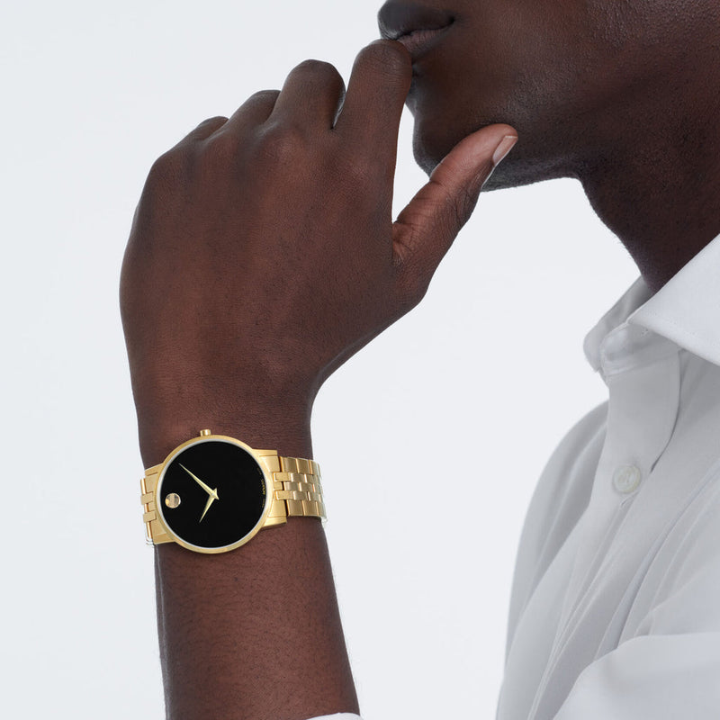 Movado Museum Black Dial Gold Steel Strap Watch For Men - 606997 606997 - Image 6