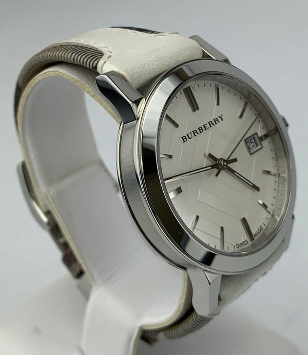 Burberry White Sunray Dial Trench Check correa de cuero blanco reloj unisex BU9019