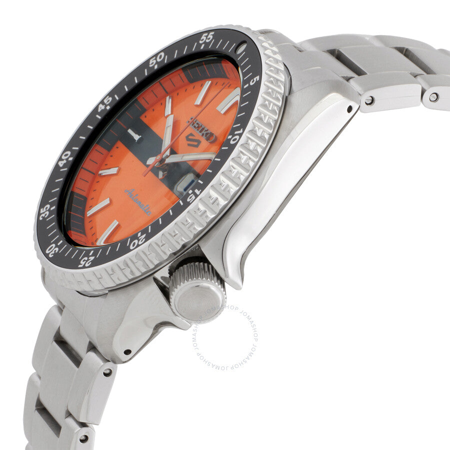 Side angle view of Seiko 5 Sports watch showing orange dial and stainless steel bracelet