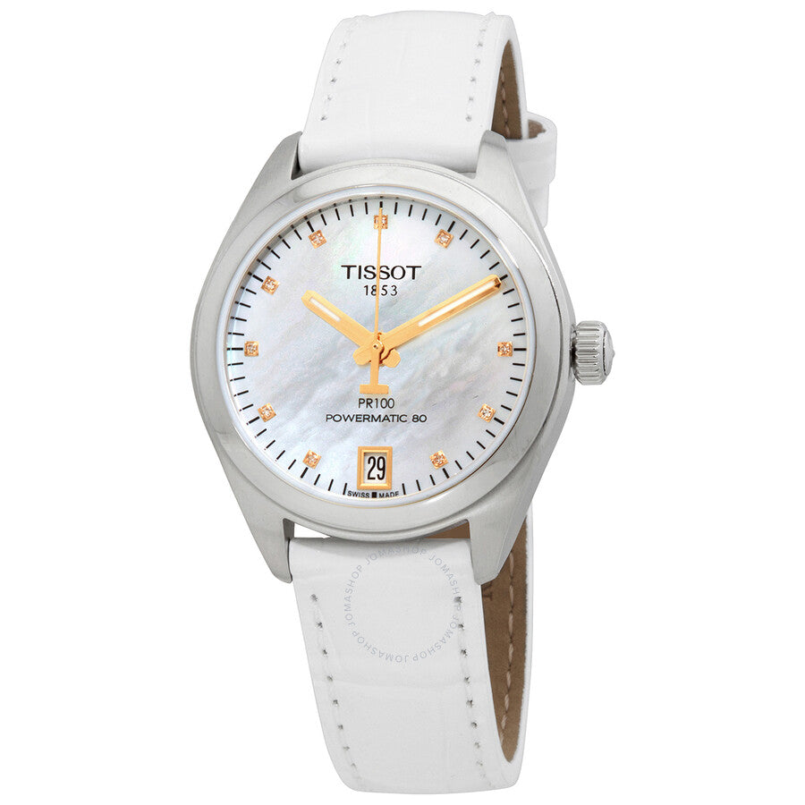Tissot PR 100 Automatic Diamond White Mother of Pearl Dial Ladies Watch T101.207.16.116.01 - The Watches Men & Co