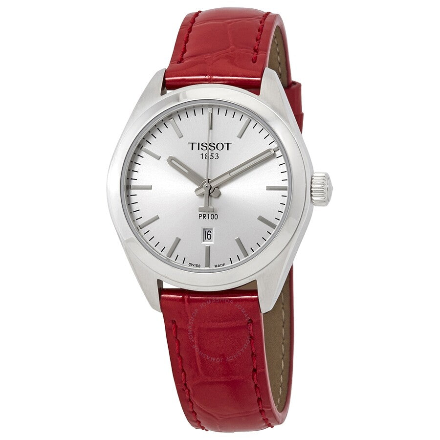 Tissot PR 100 Silver Dial Red Leather Ladies Watch T101.210.16.031.03 - The Watches Men & Co