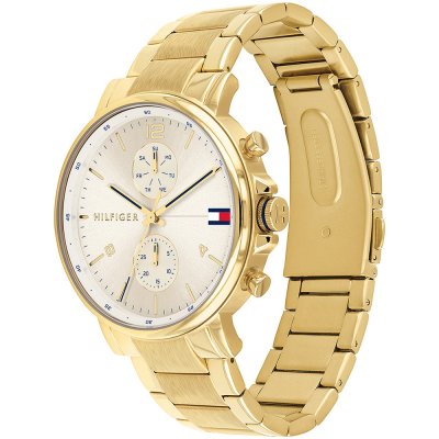 Tommy Hilfiger Daniel gold watch angled view showing case and gold bracelet