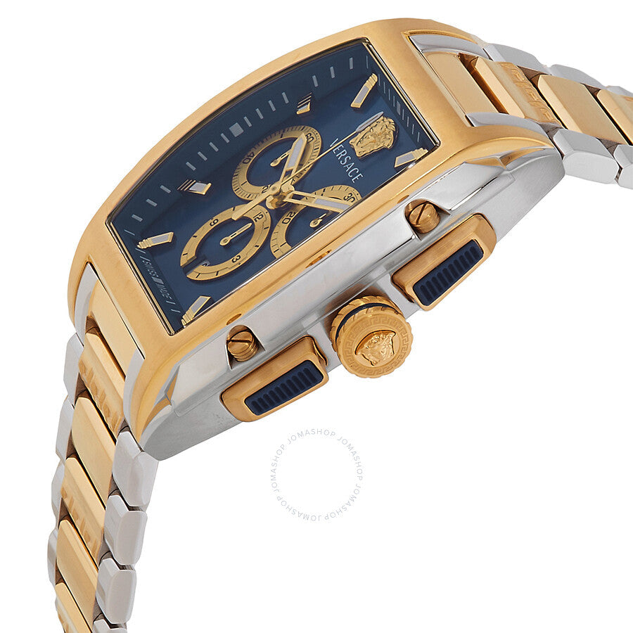 Angled side view of Versace Dominus chronograph watch showing two-tone case and blue dial with gold subdials