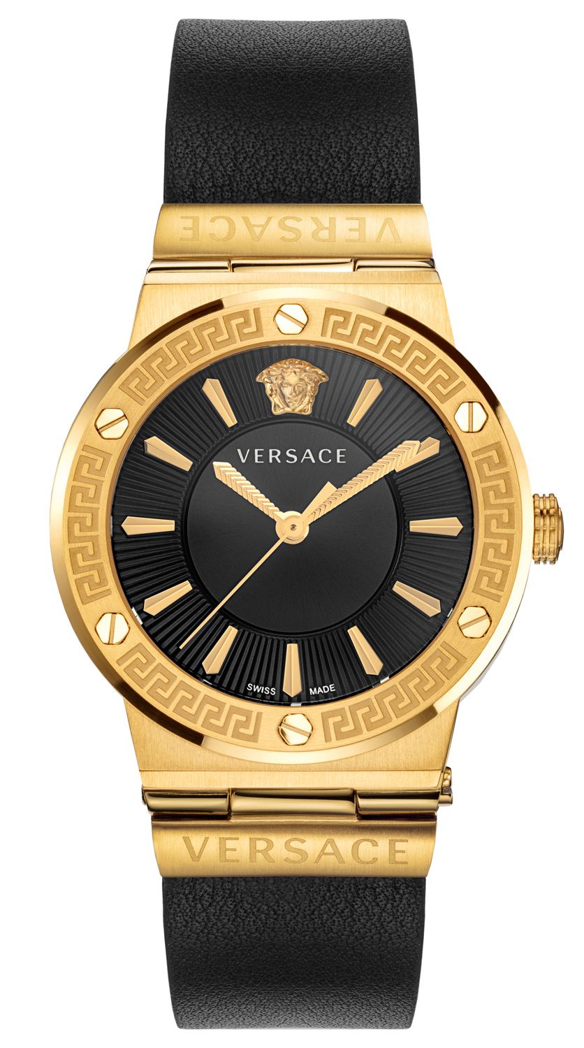 Versace Greca women's watch with gold case, black dial, and black leather strap