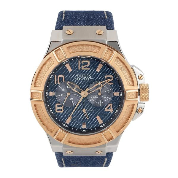 Guess Rigor Blue Dial Leather Strap Men's Watch  W0040G6 - Watches of America