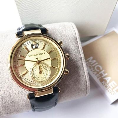 Michael Kors Sawyer Champagne Dial Black Leather Ladies