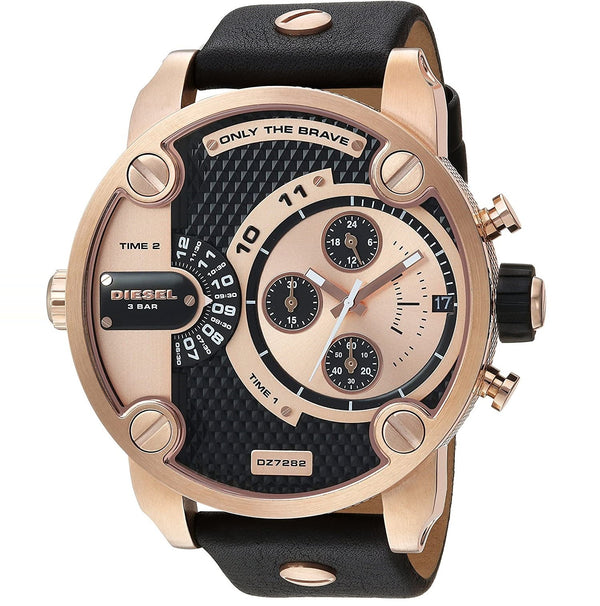 Diesel Little Daddy DZ7282 316L rose gold stainless steel & genuine leather strap 3ATM (30m) water resistant Dual Time zones (GMT)